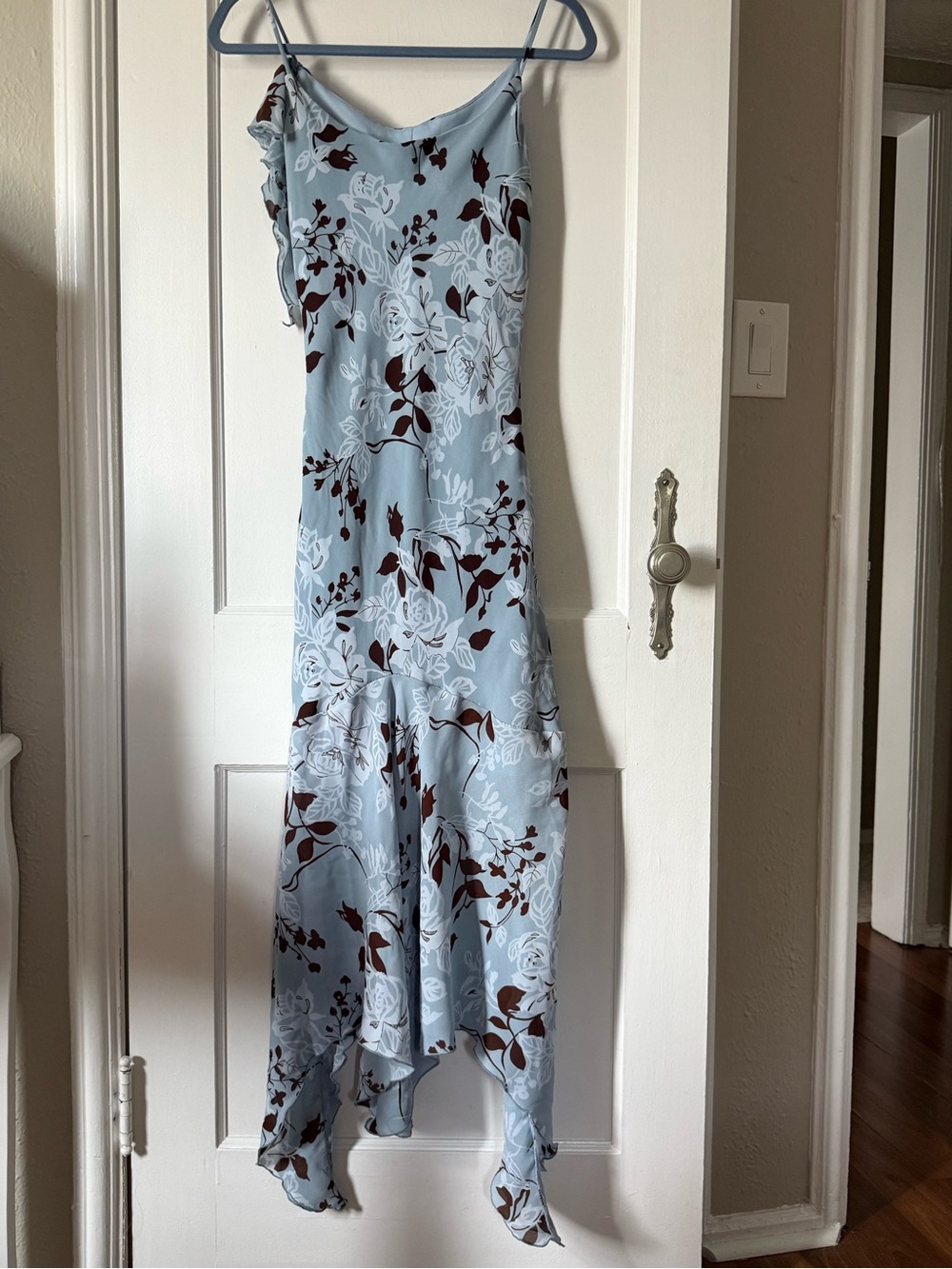 Y2K Sleeveless Slip Dress Hanker-chief Hem Light Blue and Brown Floral Pattern